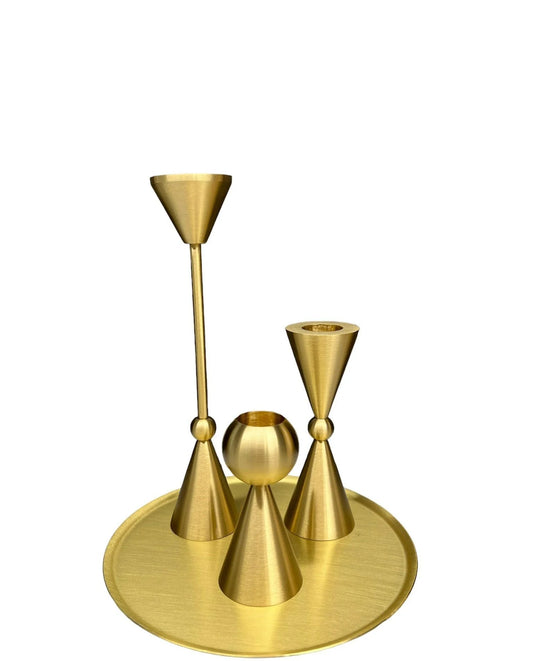 Set of 3 Brass Candle Holders with a Tray